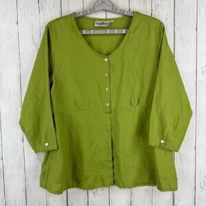 Goddess Gear Green Organic Linen 3/4 Sleeve Peplum-Style Top Size XL X-Large
